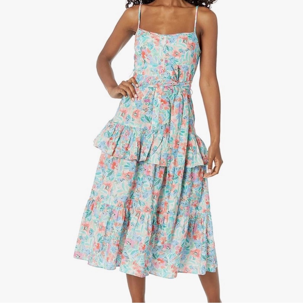 Shoshanna size 12 Betta Floral Tiered Midi Dress in Aqua Pink excell c